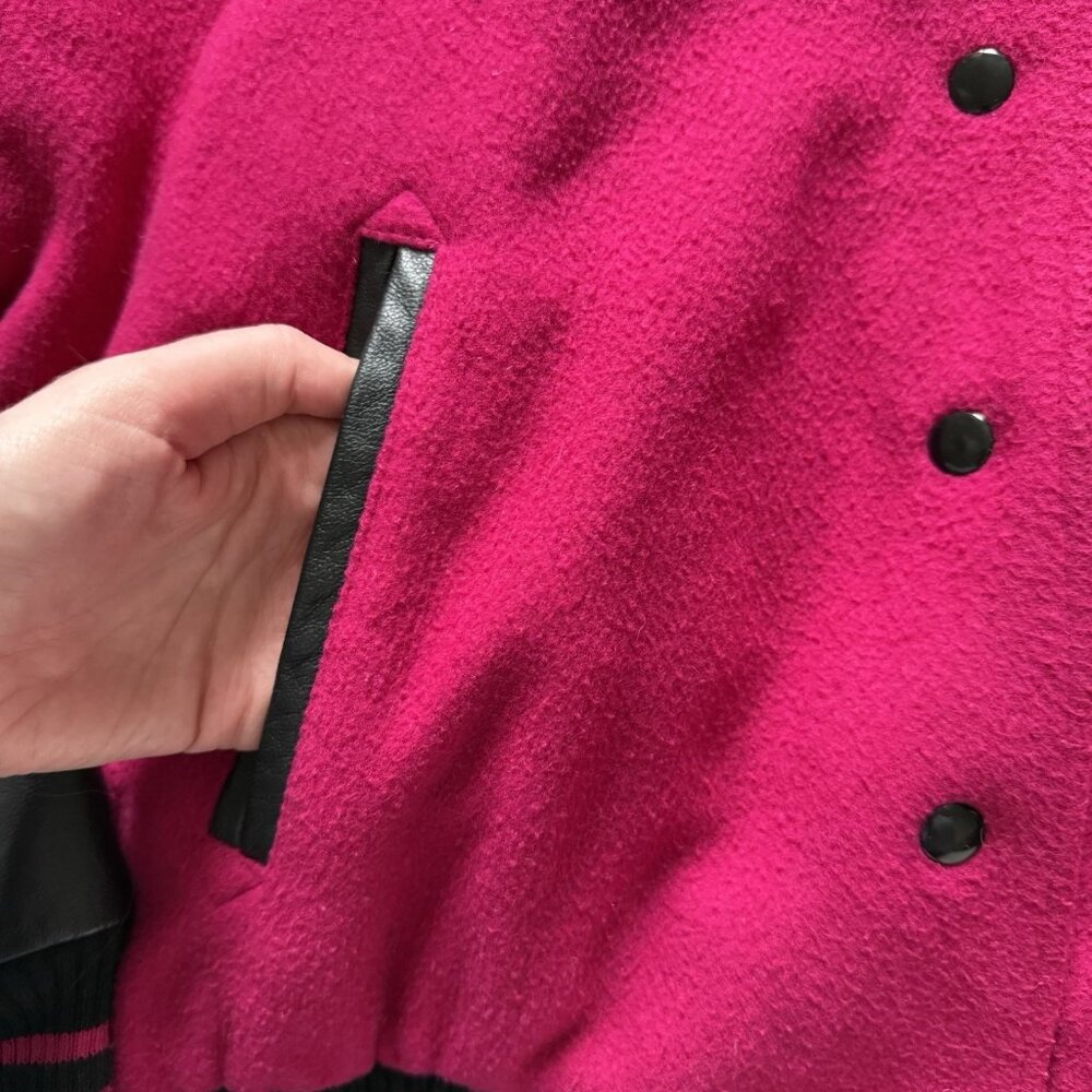 Vintage Lizsport Hot Pink Varsity Bomber Jacket Women’s Large Wool Leather Patch - Picture 5 of 11